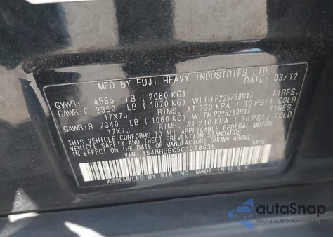 2012 Subaru Outback 2.5I Premium z USA, uszkodzony, nr VIN 4S4BRBBC5C1268635